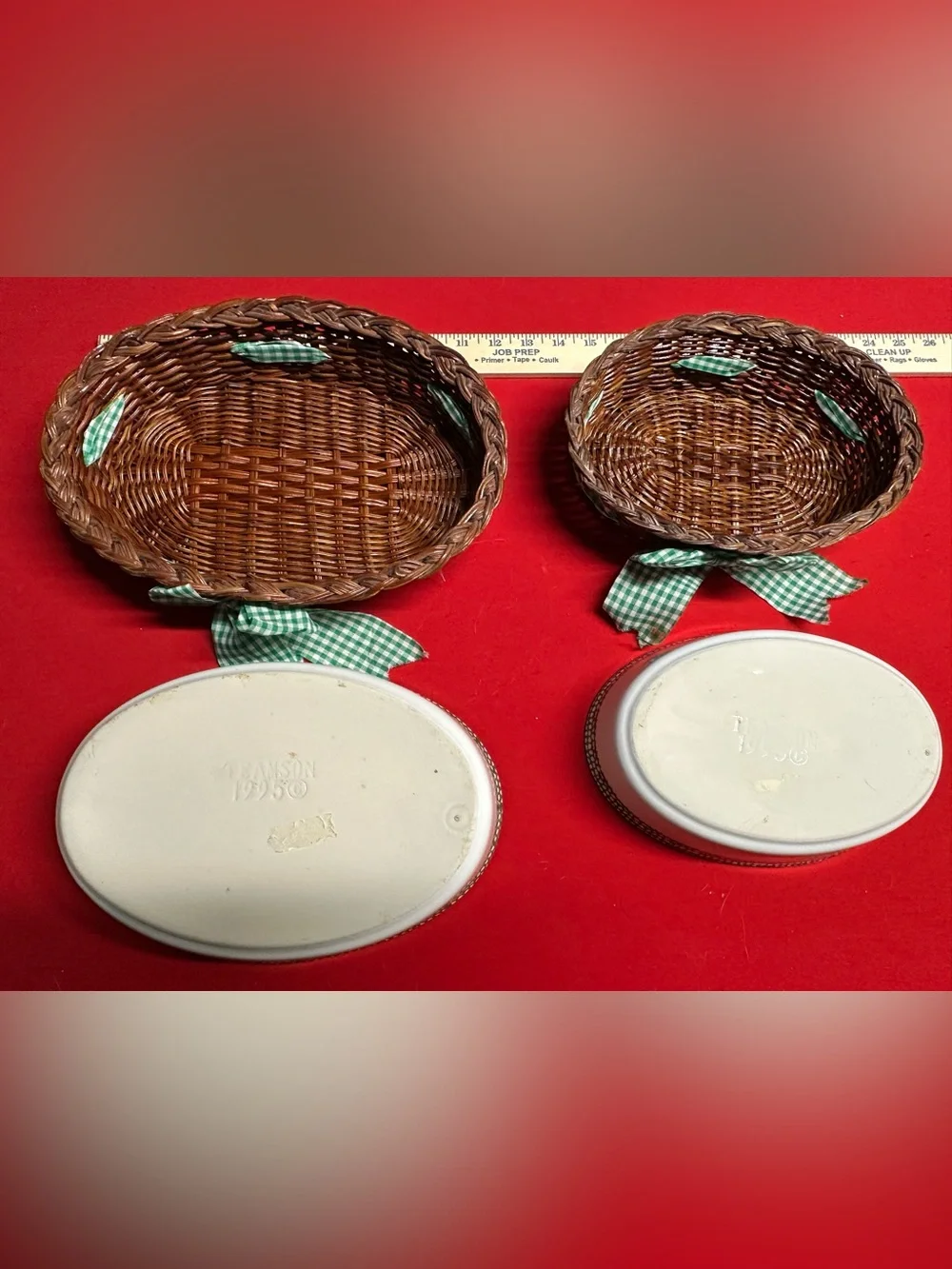 VINTAGE COW CASSEROLE BAKING DISH IN WICKER BASKETS  9